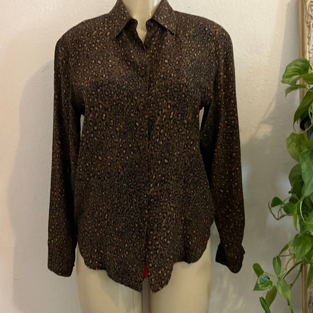 Vintage Blouse Allison Taylor Silk Leopard Print Long Sleeve Brown 
Bin#1
